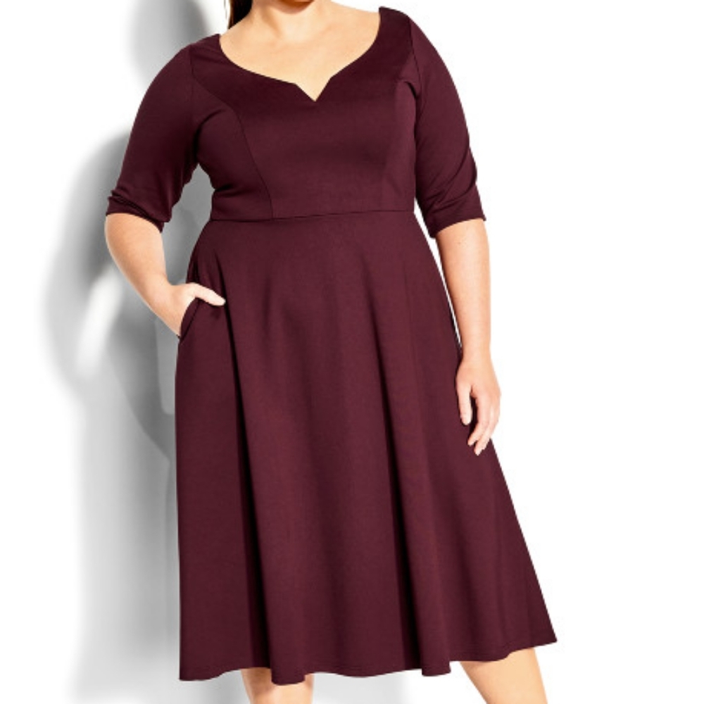 City Chic - Cute Girl - Fit and Flare Plus Size Midi Dress in Burgundy 💅🏻